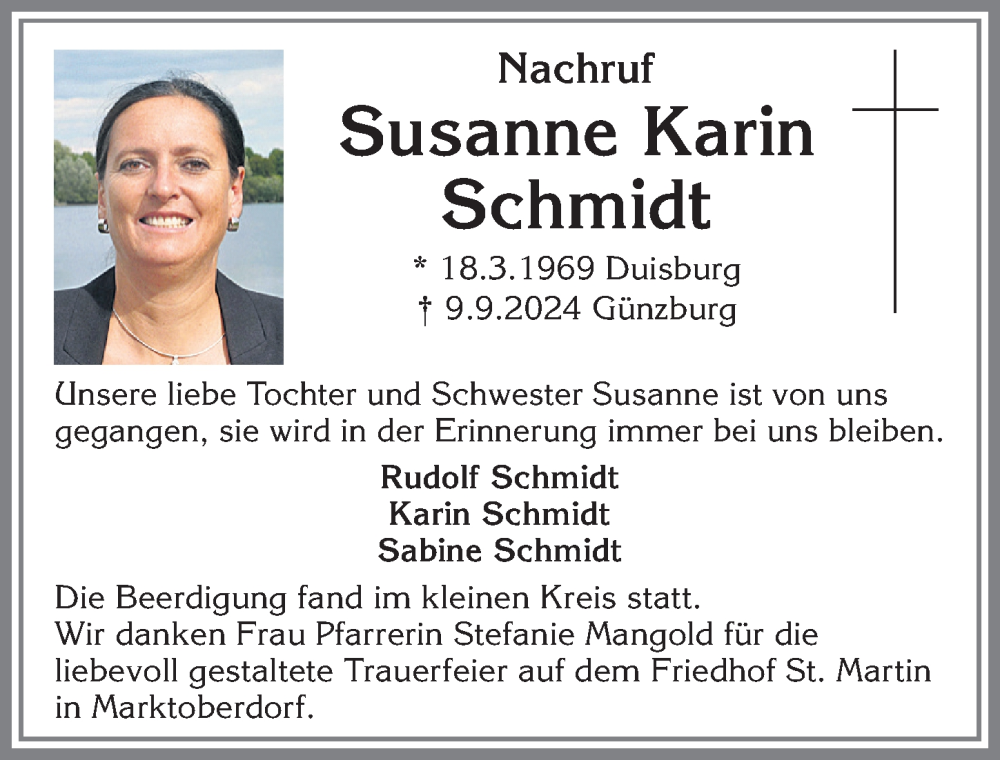 Traueranzeige von Susanne Karin Schmidt von Allgäuer Zeitung, Marktoberdorf