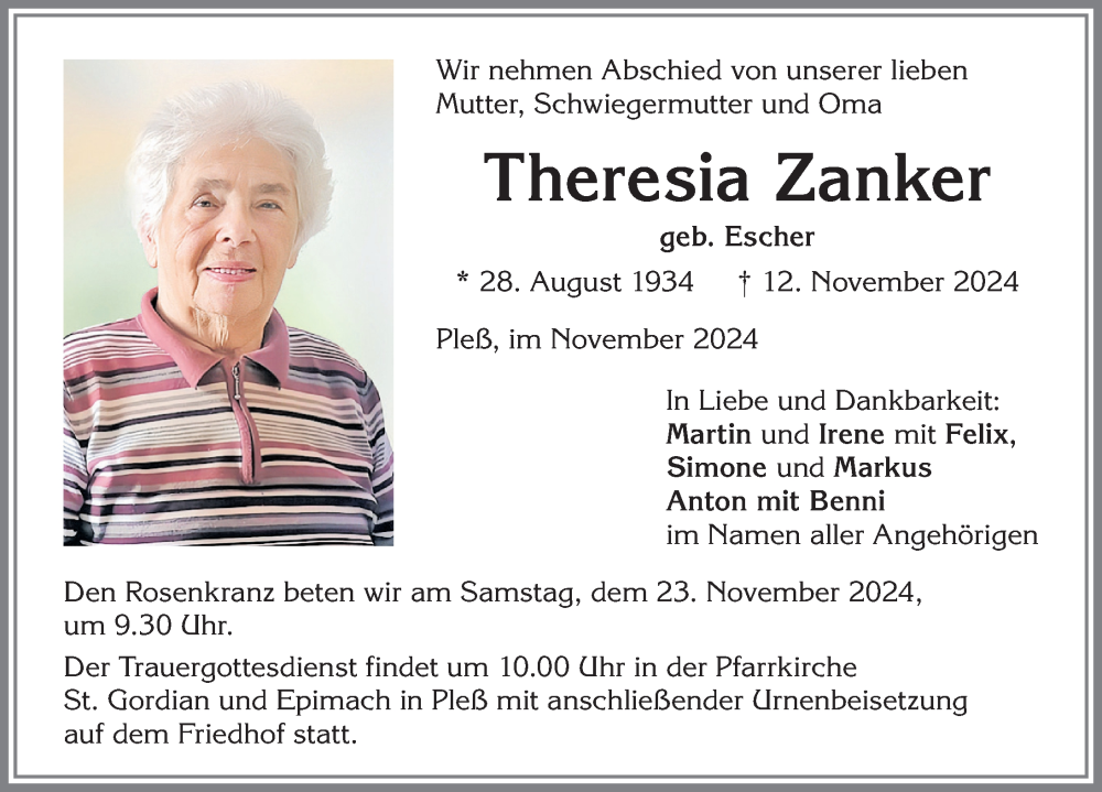 Traueranzeige von Theresia Zanker von Memminger Zeitung