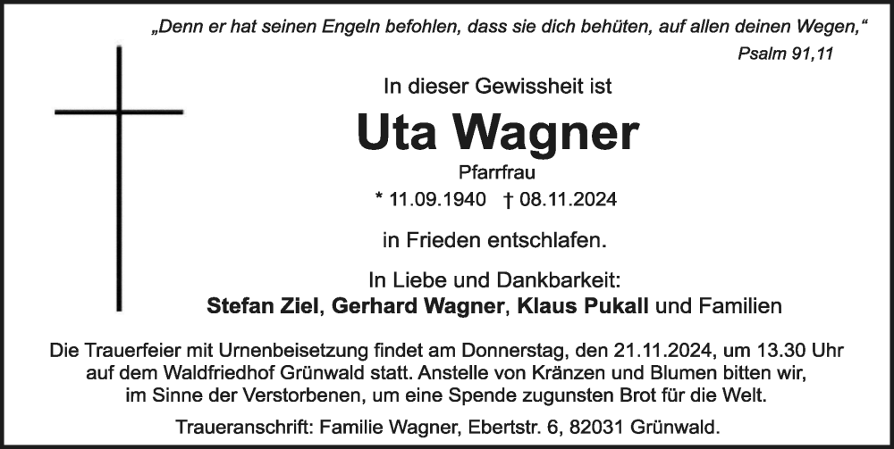 Traueranzeige von Uta Wagner von Memminger Zeitung