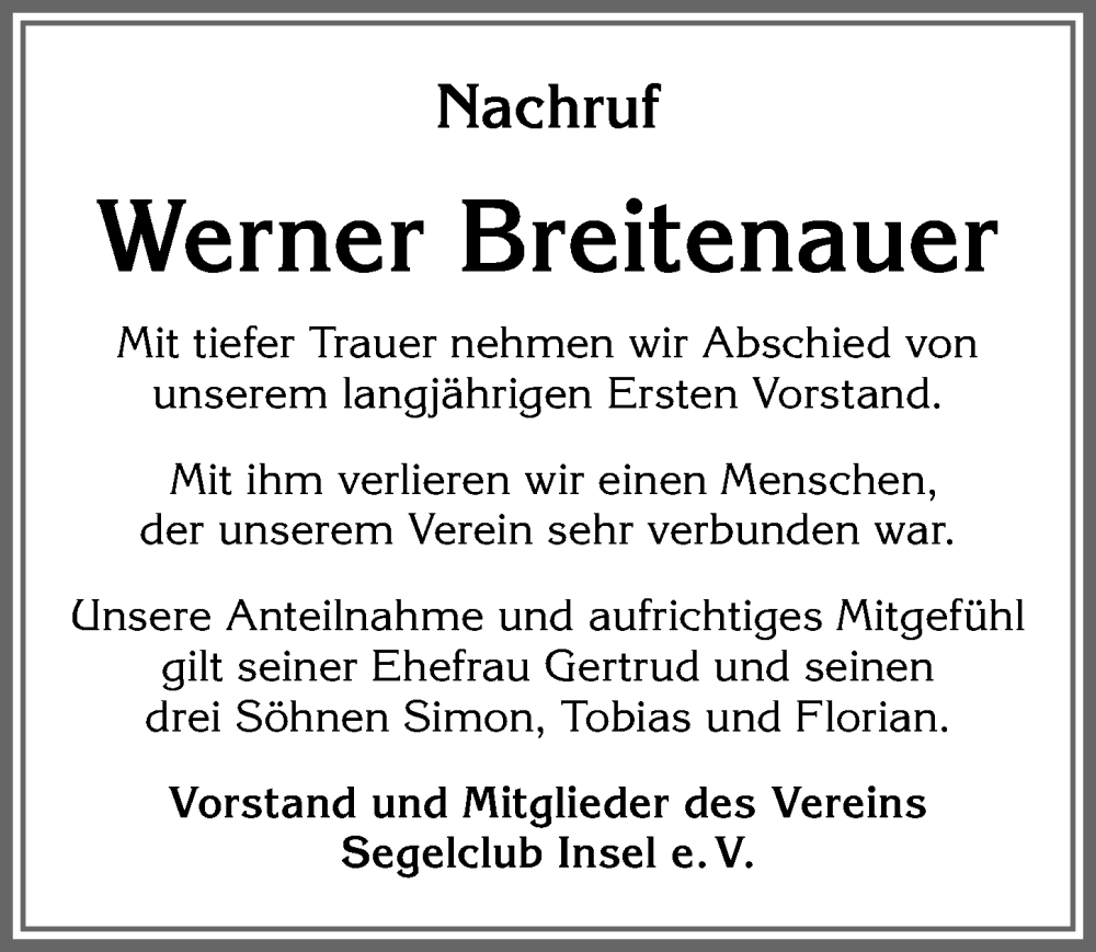 Traueranzeige von Werner Breitenauer von Allgäuer Zeitung,Kempten