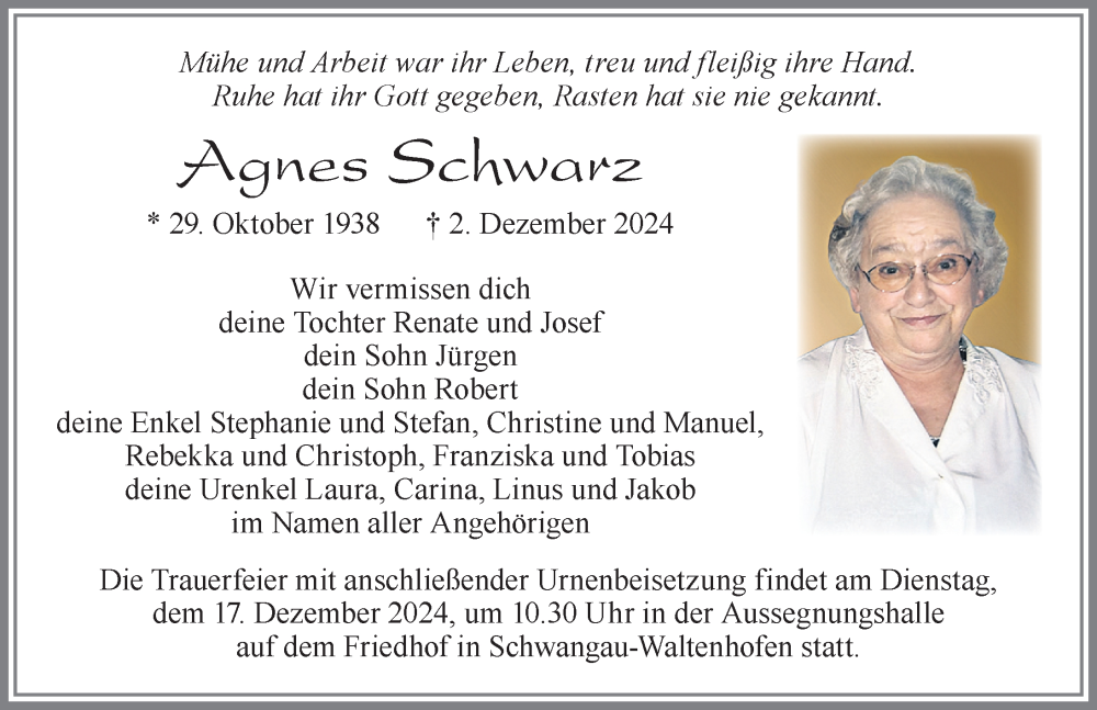 Traueranzeige von Agnes Schwarz von Allgäuer Zeitung, Füssen