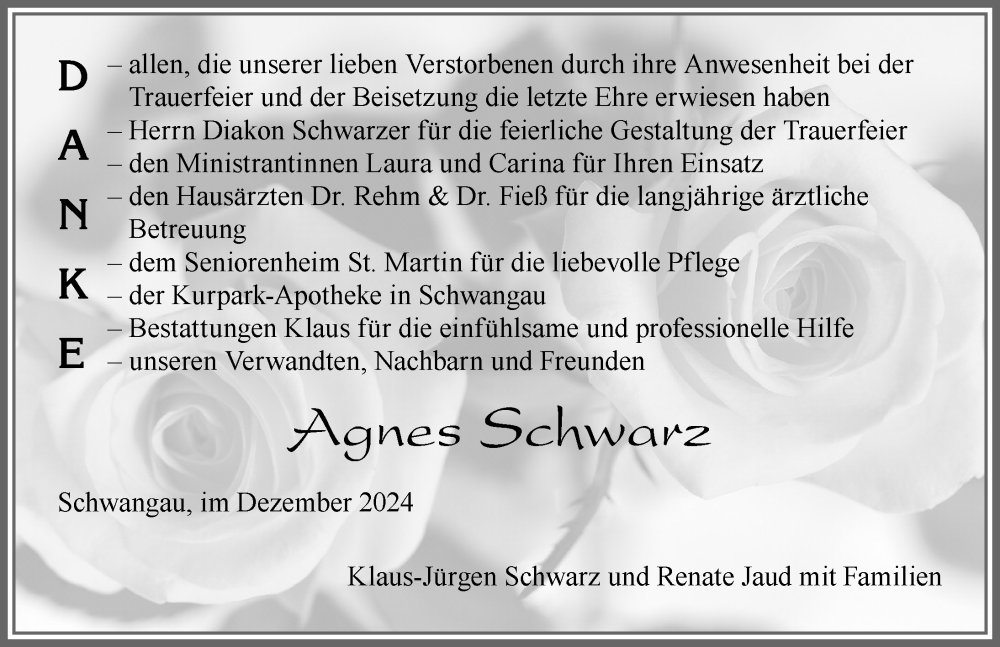 Traueranzeige von Agnes Schwarz von Allgäuer Zeitung, Füssen