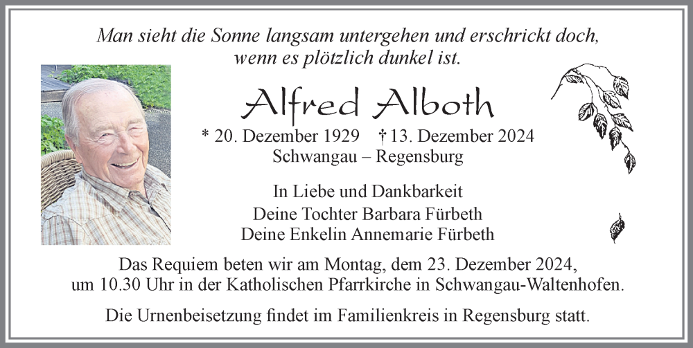 Traueranzeige von Alfred Alboth von Allgäuer Zeitung, Füssen