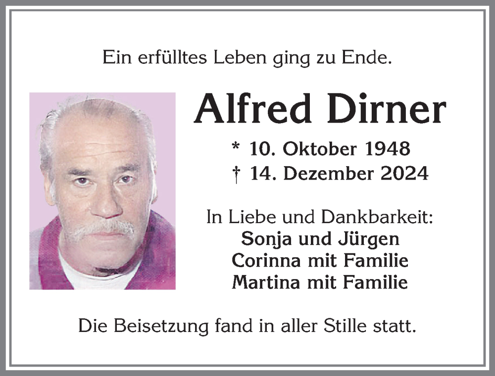 Traueranzeige von Alfred Dirner von Allgäuer Zeitung,Kempten