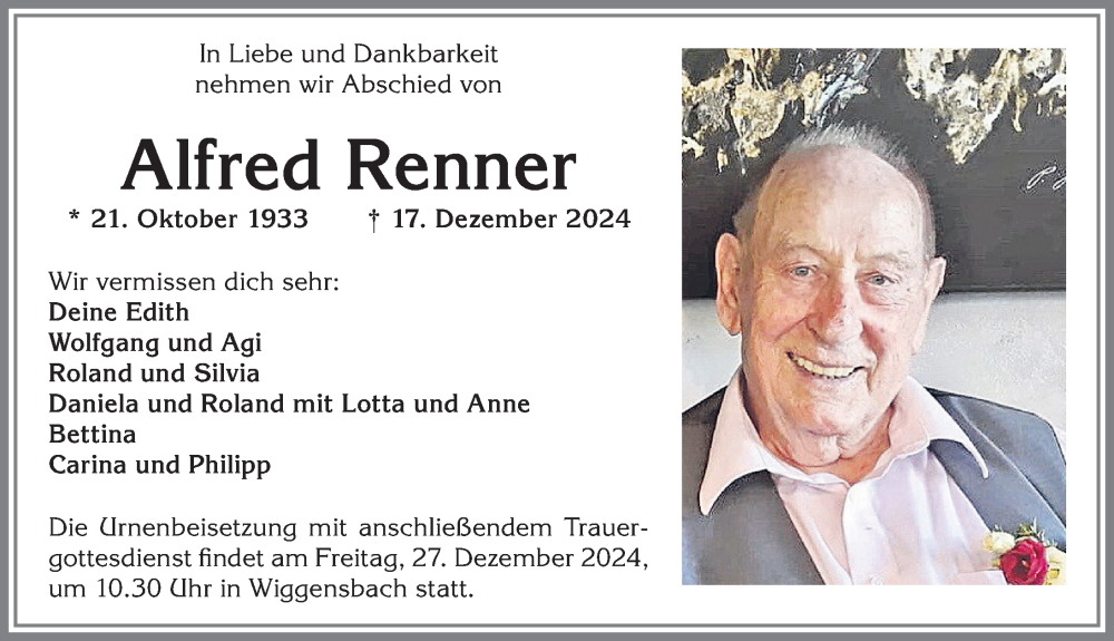 Traueranzeige von Alfred Renner von Allgäuer Zeitung,Kempten