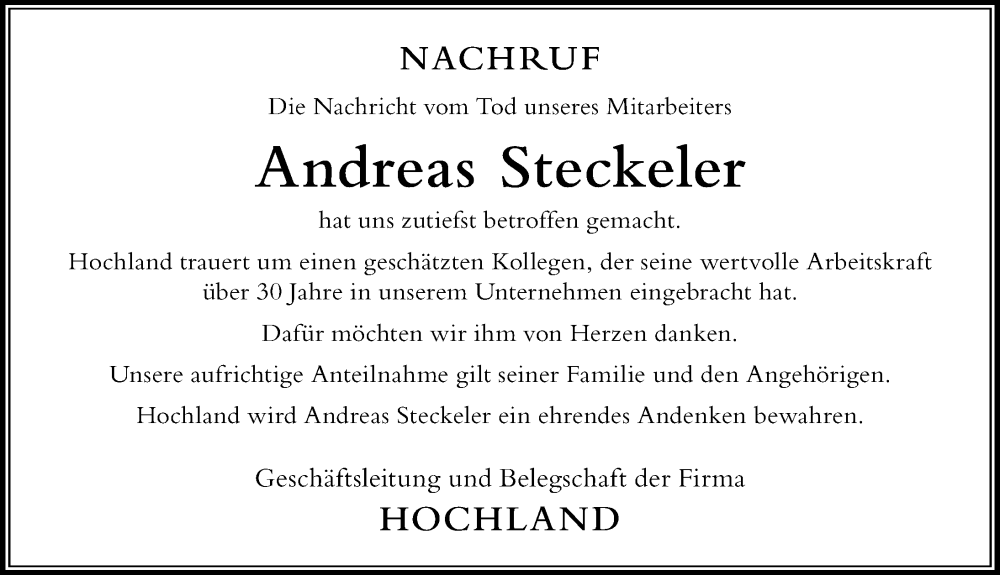 Traueranzeige von Andreas Steckeler von Der Westallgäuer