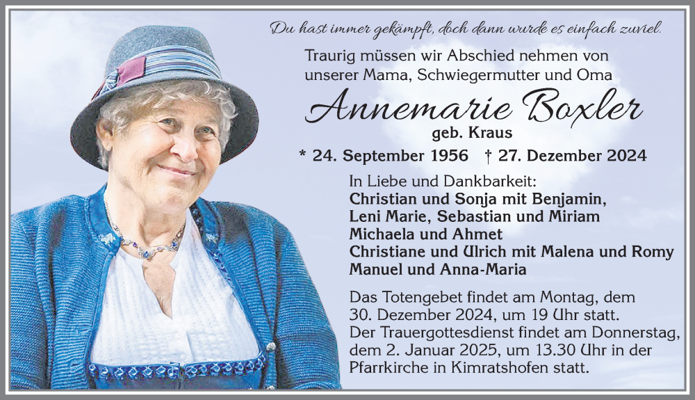 Traueranzeige von Annemarie Boxler von Allgäuer Zeitung,Kempten