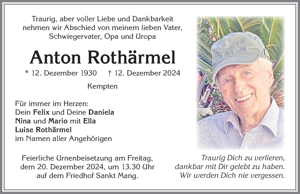 Traueranzeige von Anton Rothärmel von Allgäuer Zeitung,Kempten