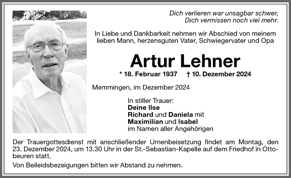 Traueranzeige von Artur Lehner von Memminger Zeitung