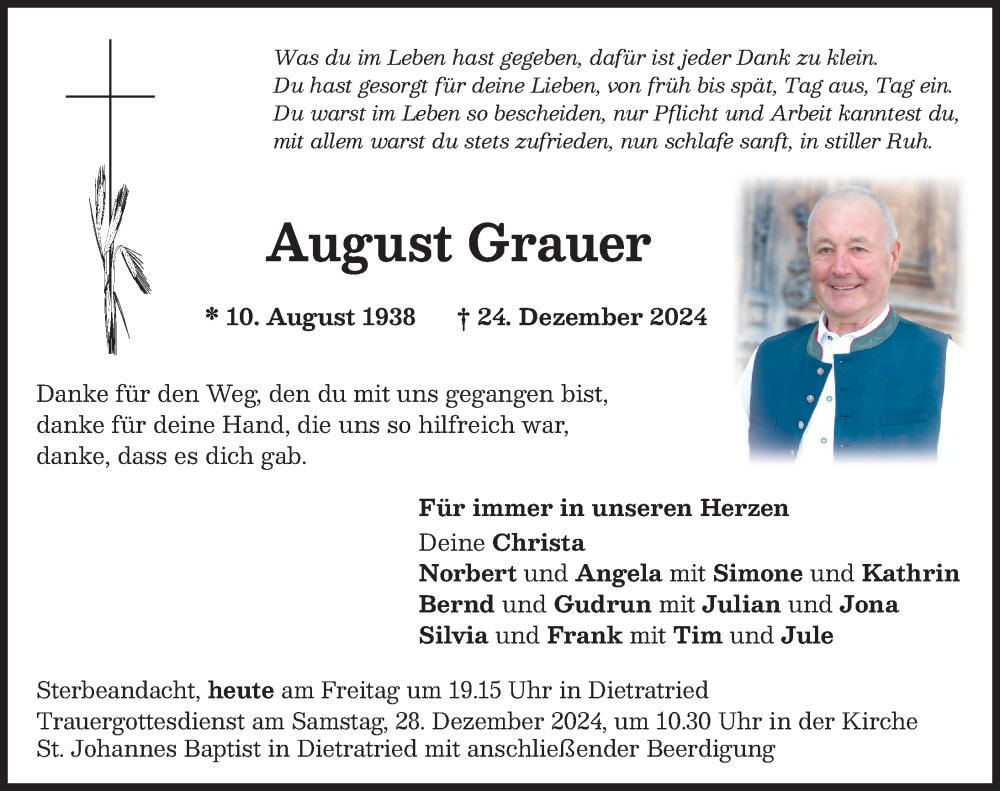 Traueranzeige von August Grauer von Memminger Zeitung