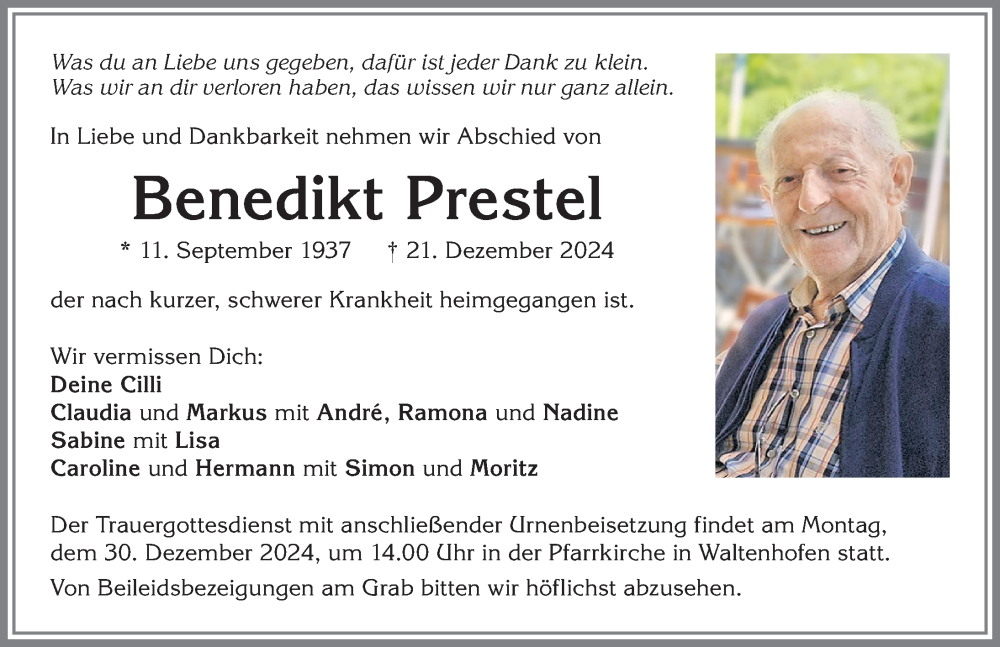 Traueranzeige von Benedikt Prestel von Allgäuer Zeitung,Kempten