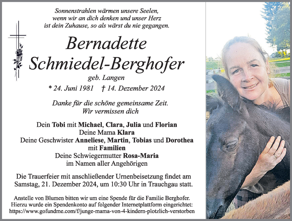 Traueranzeige von Bernadette Schmiedel-Berghofer von Allgäuer Zeitung, Füssen