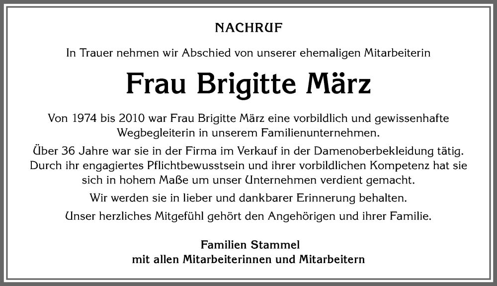 Traueranzeige von Brigitte März von Allgäuer Zeitung, Kaufbeuren/Buchloe