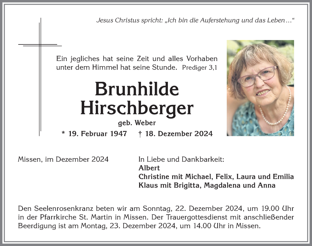 Traueranzeige von Brunhilde Hirschberger von Allgäuer Anzeigeblatt