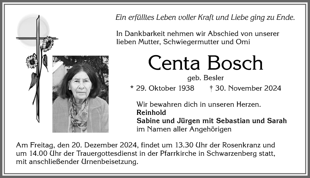 Traueranzeige von Centa Bosch von Allgäuer Zeitung,Kempten