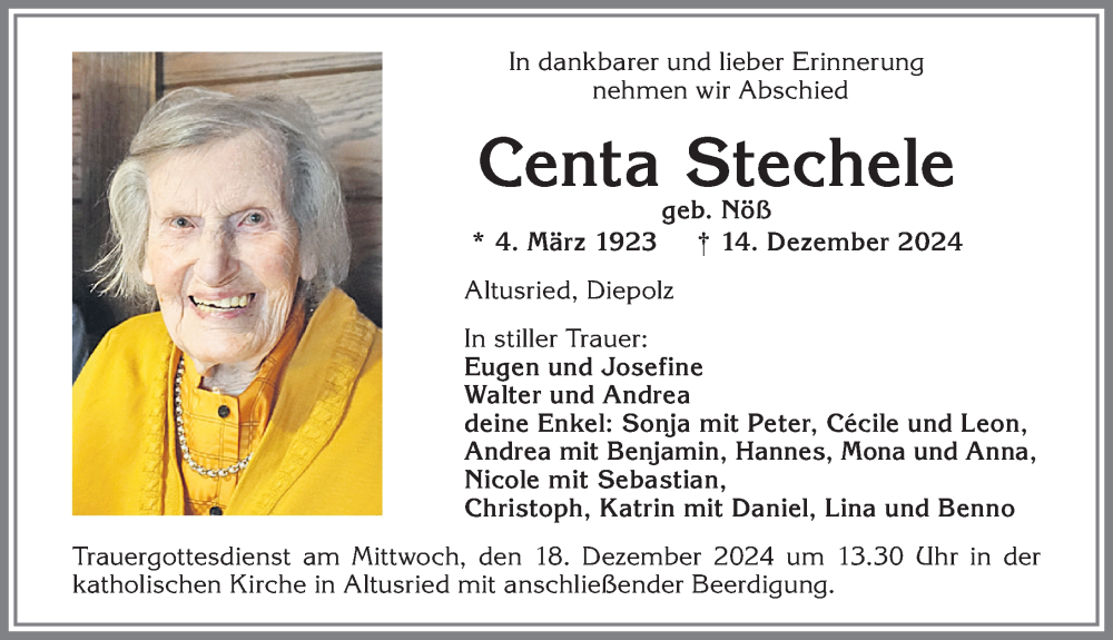 Traueranzeige von Centa Stechele von Allgäuer Zeitung,Kempten