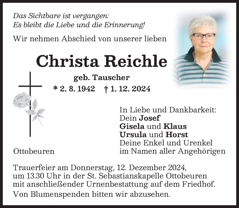 Traueranzeige von Christa Reichle von Memminger Zeitung