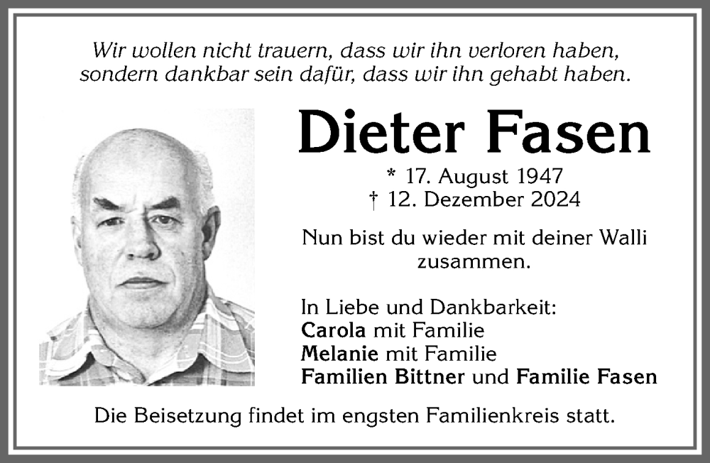 Traueranzeige von Dieter Fasen von Memminger Zeitung