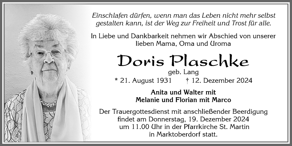 Traueranzeige von Doris Plaschke von Allgäuer Zeitung, Marktoberdorf