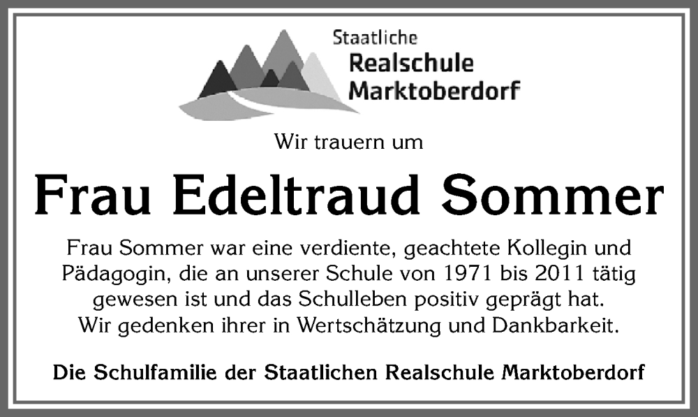 Traueranzeige von Edeltraud Sommer von Allgäuer Zeitung, Marktoberdorf