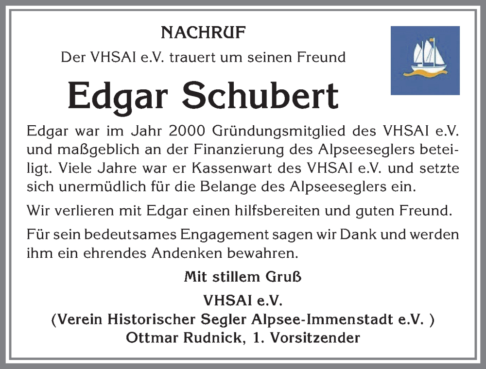 Traueranzeige von Edgar Schubert von Allgäuer Anzeigeblatt