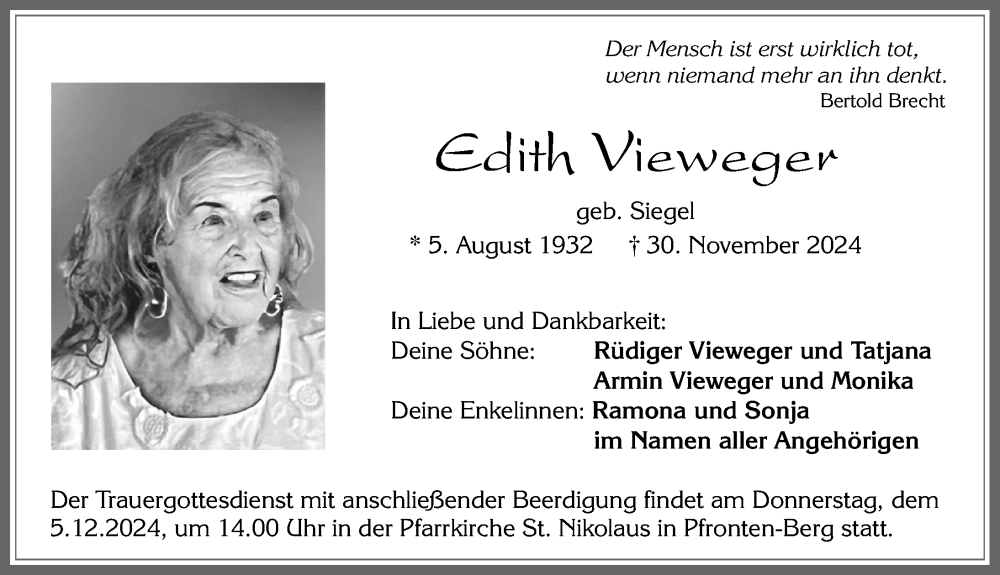 Traueranzeige von Edith Vieweger von Allgäuer Zeitung, Füssen