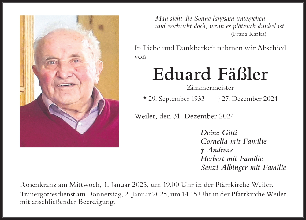 Traueranzeige von Eduard Fäßler von Der Westallgäuer