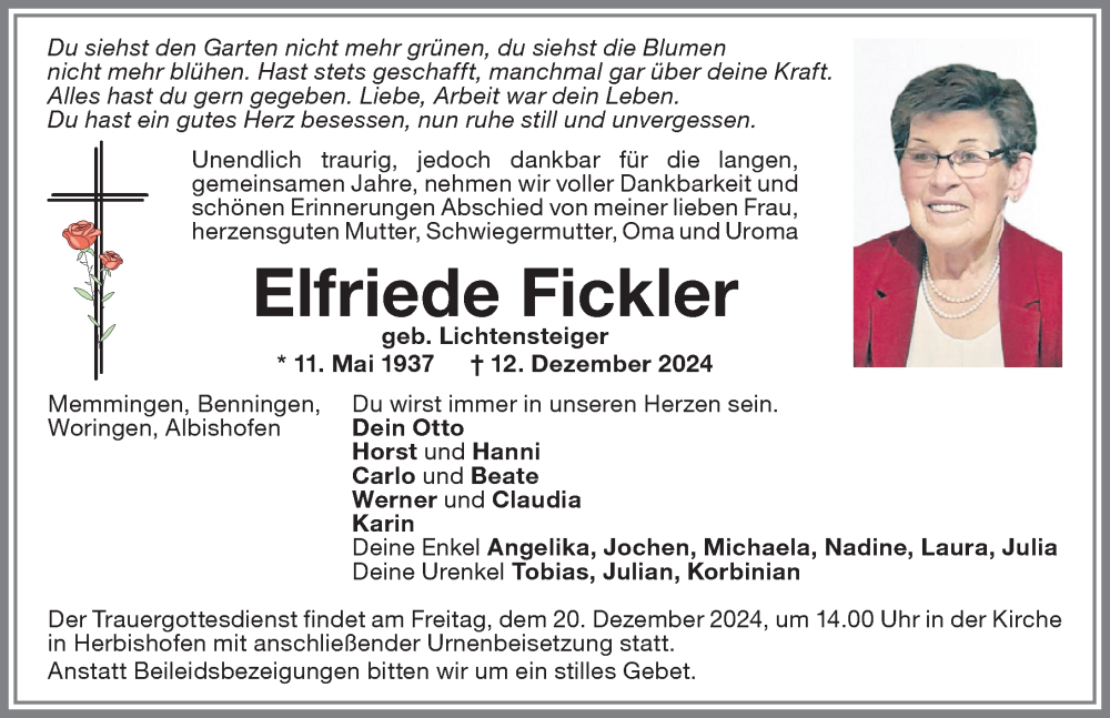 Traueranzeige von Elfriede Fickler von Memminger Zeitung