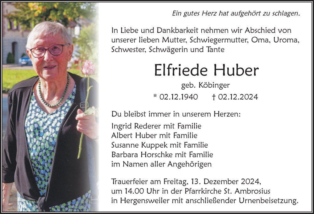 Traueranzeige von Elfriede Huber von Der Westallgäuer