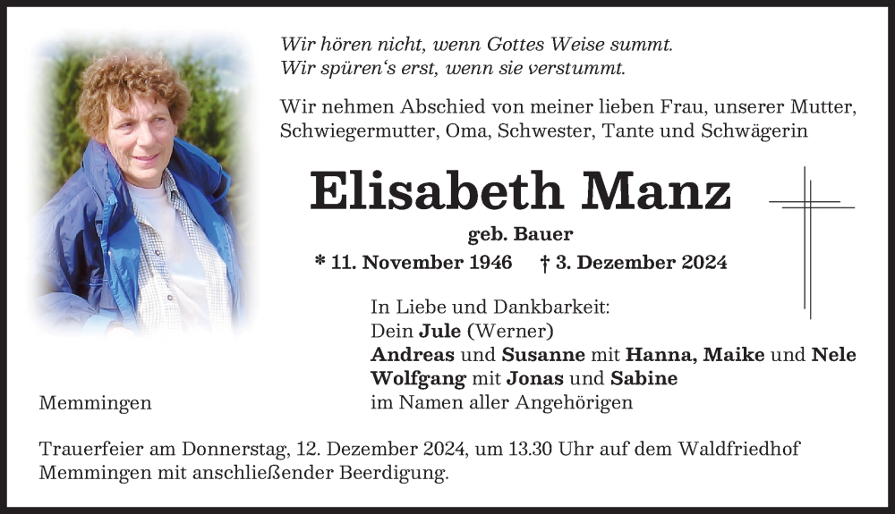 Traueranzeige von Elisabeth Manz von Memminger Zeitung