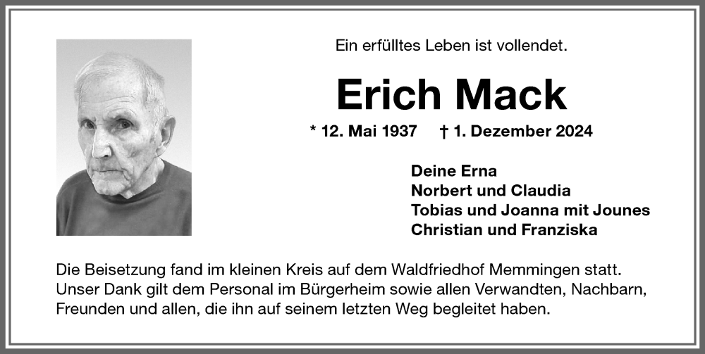 Traueranzeige von Erich Mack von Memminger Zeitung