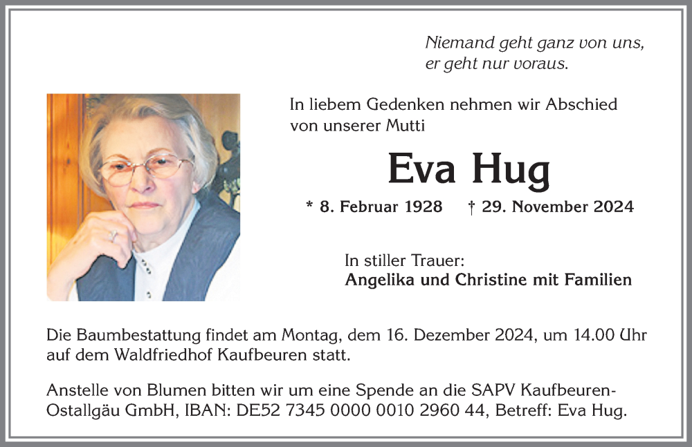 Traueranzeige von Eva Hug von Allgäuer Zeitung, Kaufbeuren/Buchloe