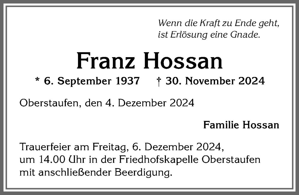 Traueranzeige von Franz Hossan von Allgäuer Anzeigeblatt