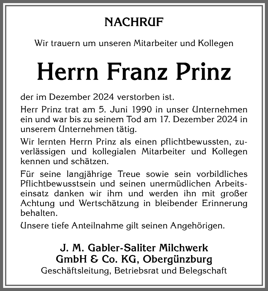 Traueranzeige von Franz Prinz von Allgäuer Zeitung, Marktoberdorf