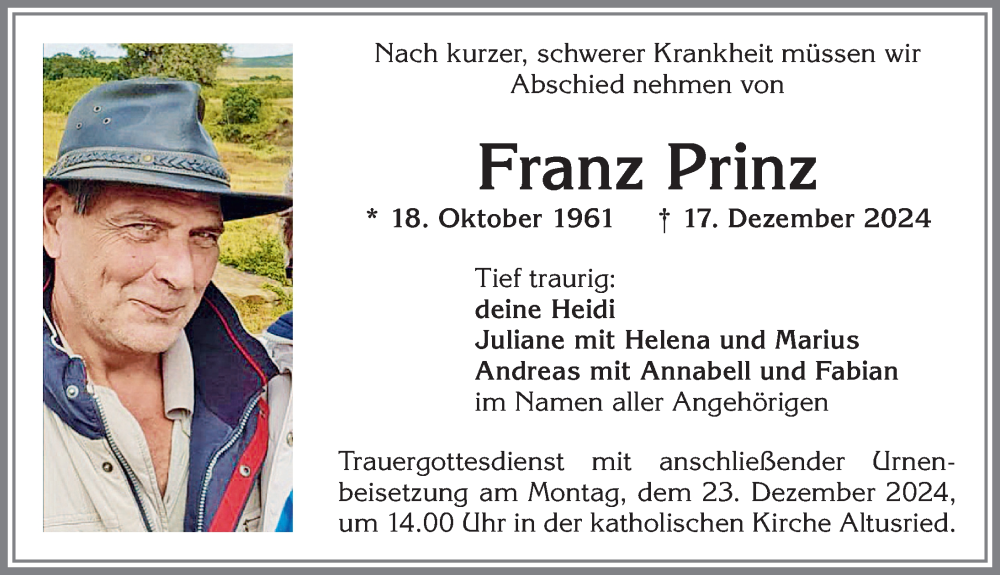 Traueranzeige von Franz Prinz von Allgäuer Zeitung,Kempten