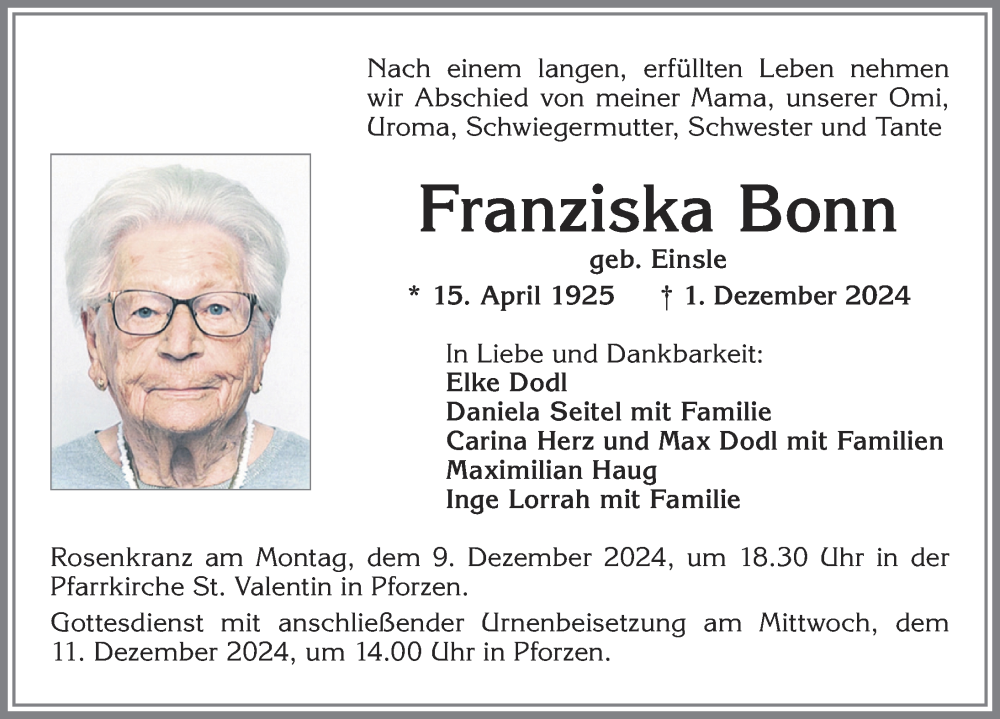 Traueranzeige von Franziska Bonn von Allgäuer Zeitung, Kaufbeuren/Buchloe