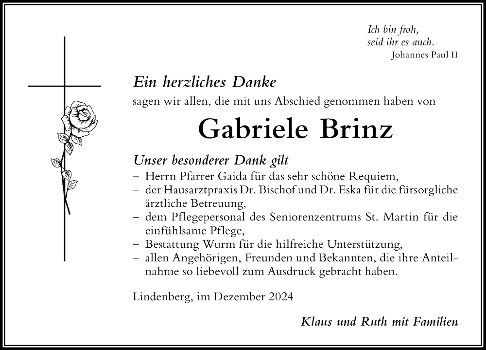 Traueranzeige von Gabriele Brinz von Der Westallgäuer