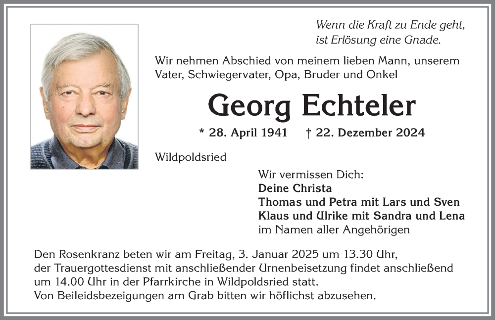 Traueranzeige von Georg Echteler von Allgäuer Zeitung,Kempten