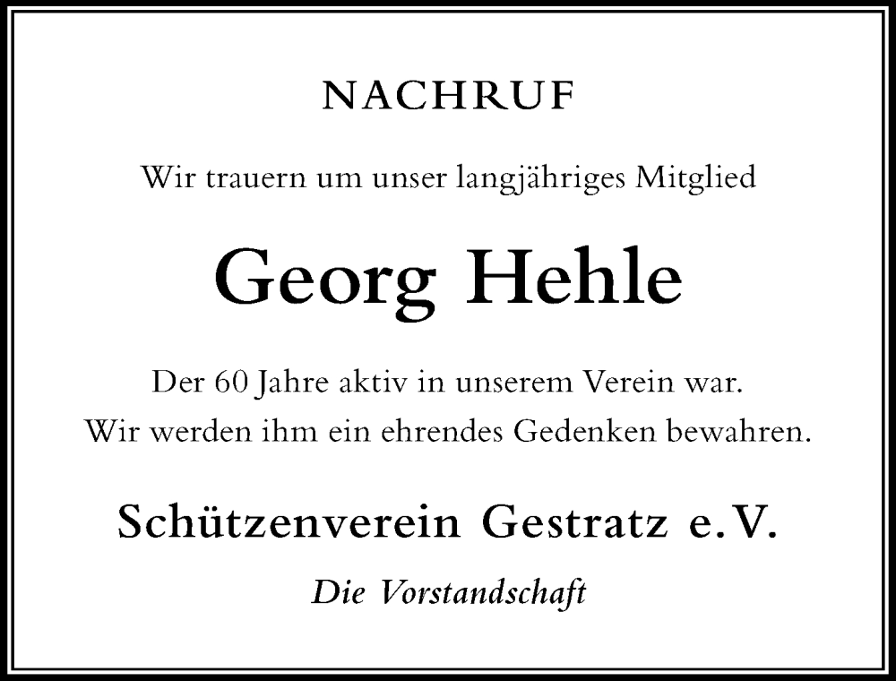 Traueranzeige von Georg Hehle von Der Westallgäuer