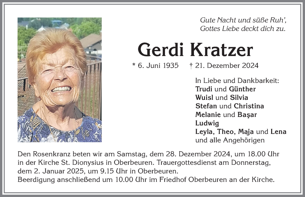 Traueranzeige von Gerdi Kratzer von Allgäuer Zeitung, Kaufbeuren/Buchloe