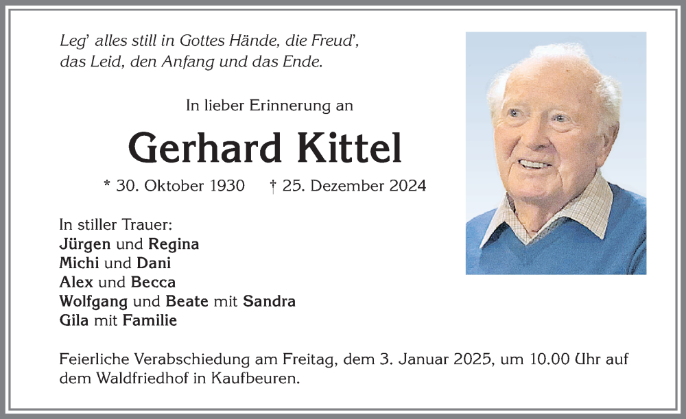 Traueranzeige von Gerhard Kittel von Allgäuer Zeitung, Kaufbeuren/Buchloe