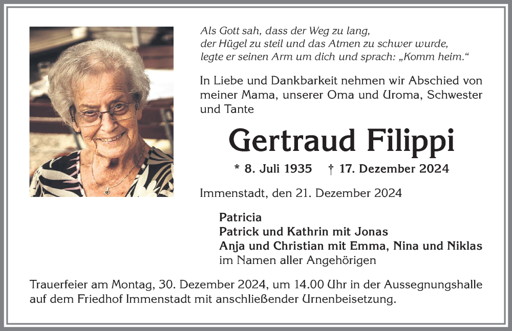 Traueranzeige von Gertraud Filippi von Allgäuer Anzeigeblatt