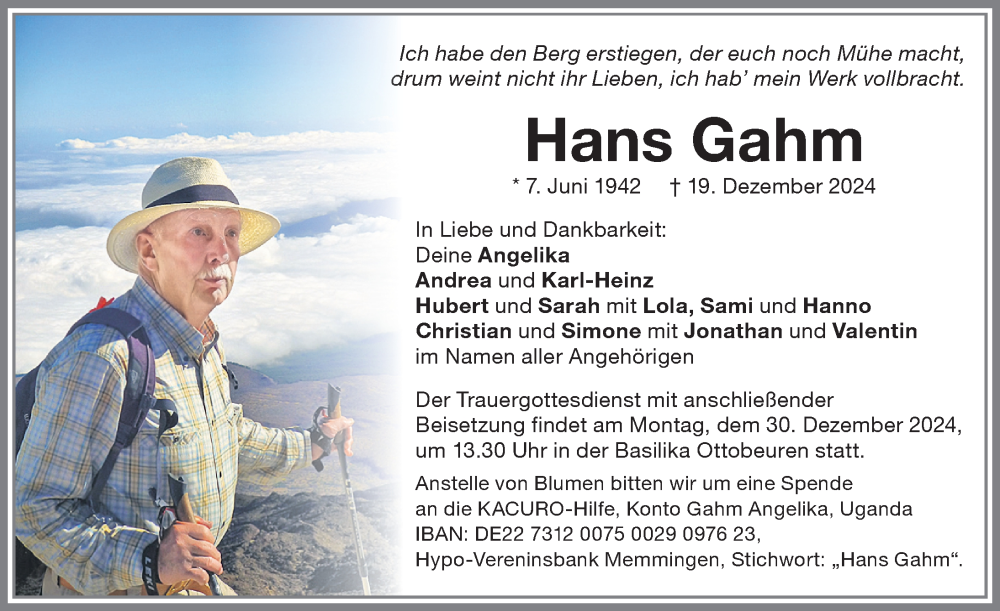 Traueranzeige von Hans Gahm von Allgäuer Zeitung,Kempten