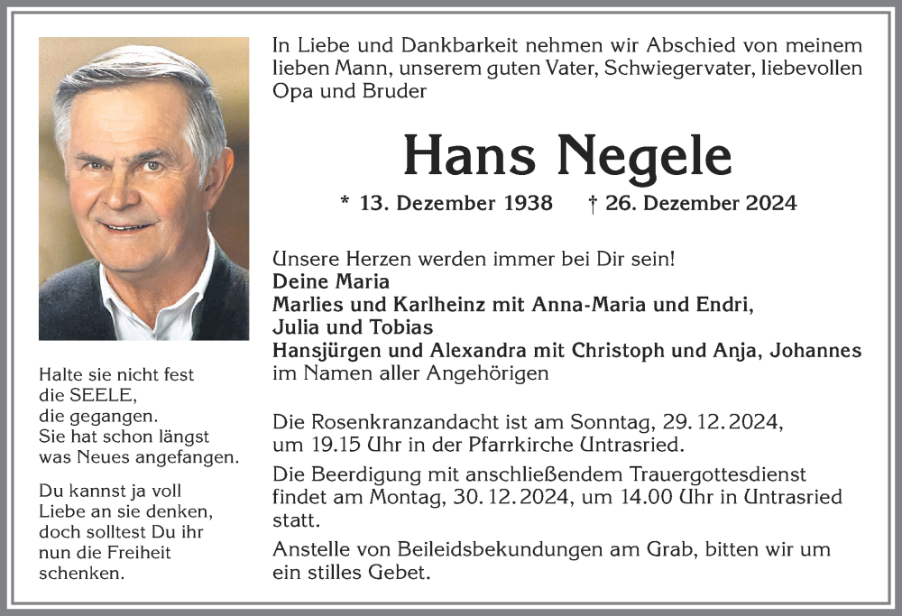 Traueranzeige von Hans Negele von Allgäuer Zeitung, Marktoberdorf