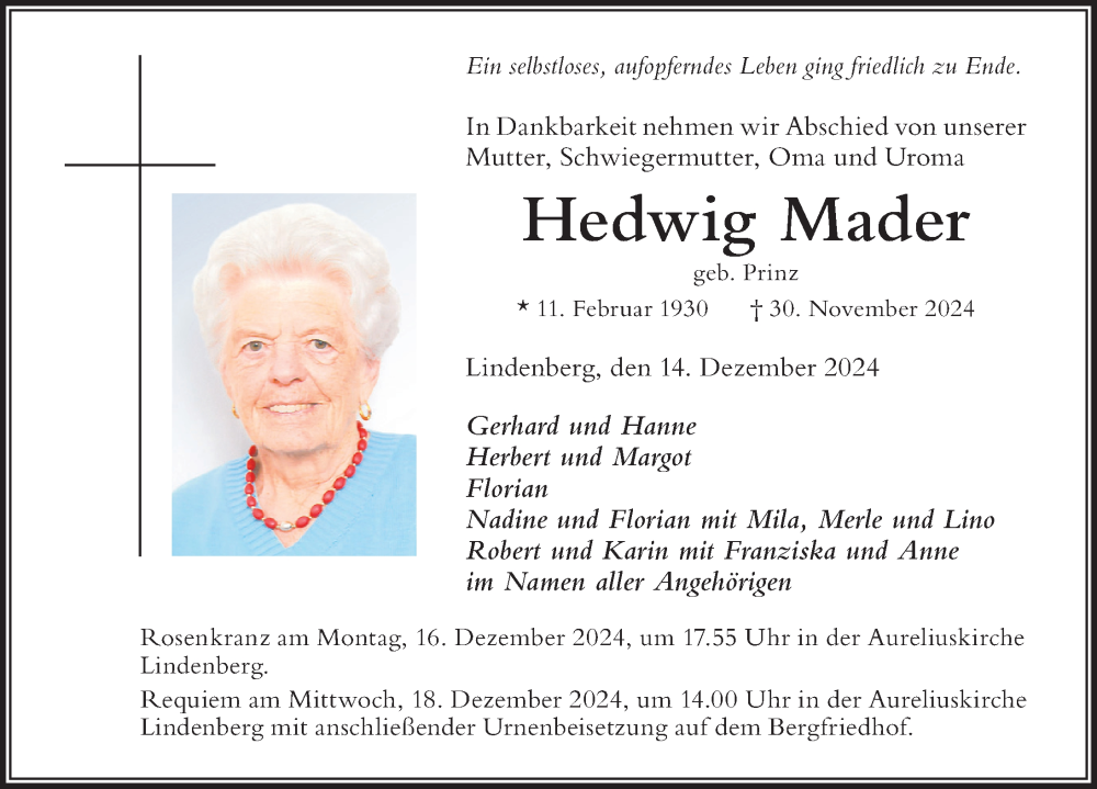 Traueranzeige von Hedwig Mader von Der Westallgäuer