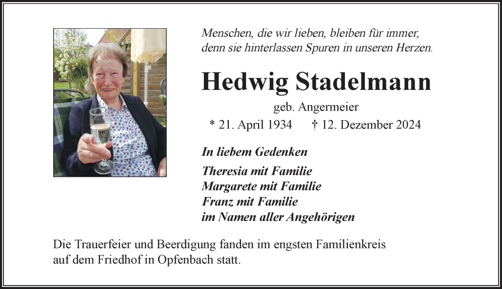 Traueranzeige von Hedwig Stadelmann von Der Westallgäuer