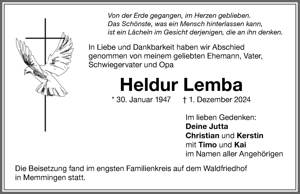 Traueranzeige von Heldur Lemba von Memminger Zeitung