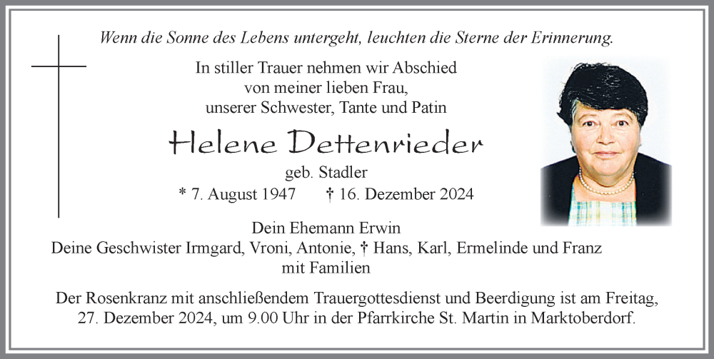 Traueranzeige von Helene Dettenrieder von Allgäuer Zeitung, Marktoberdorf