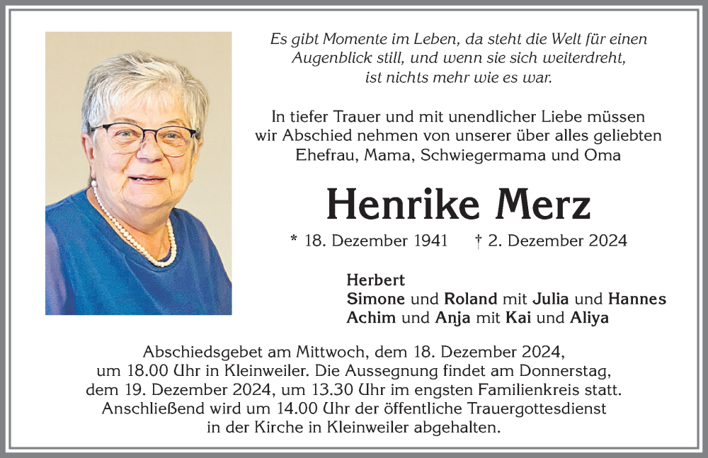 Traueranzeige von Henrike Merz von Allgäuer Zeitung,Kempten