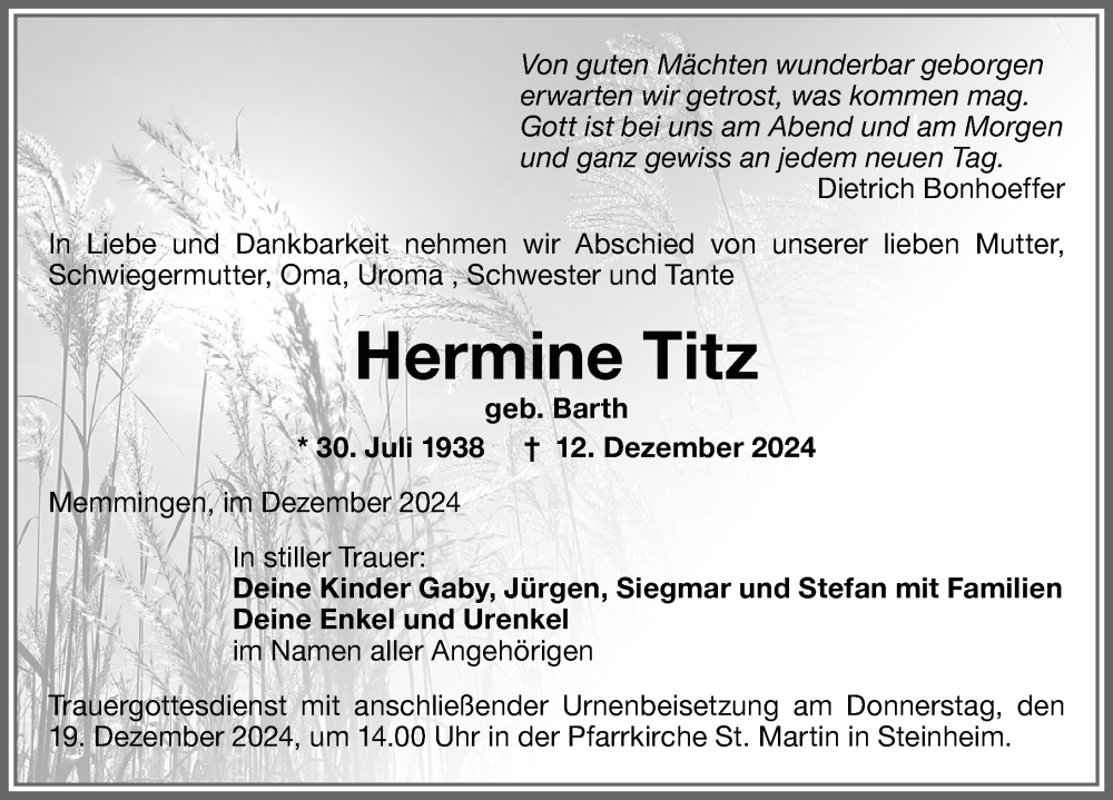 Traueranzeige von Hermine Titz von Memminger Zeitung